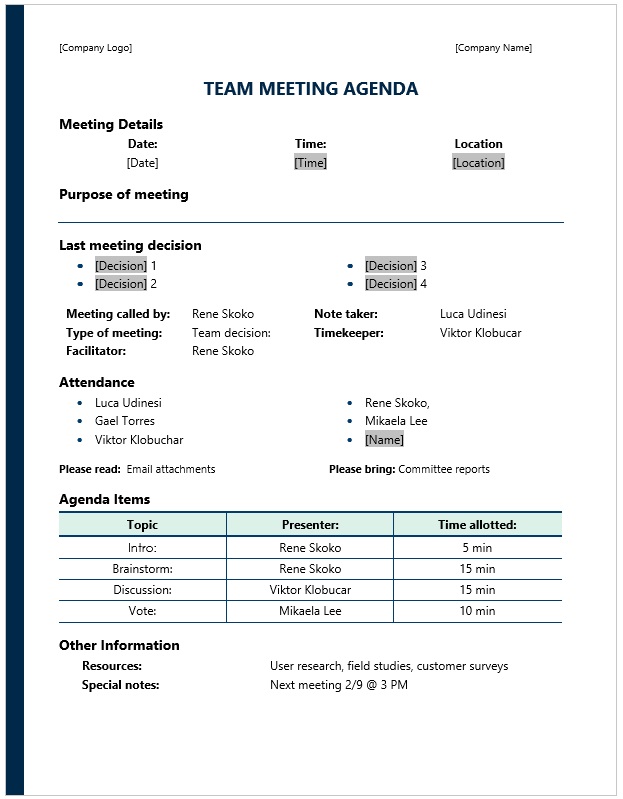  Girls Team Meeting Agenda Template