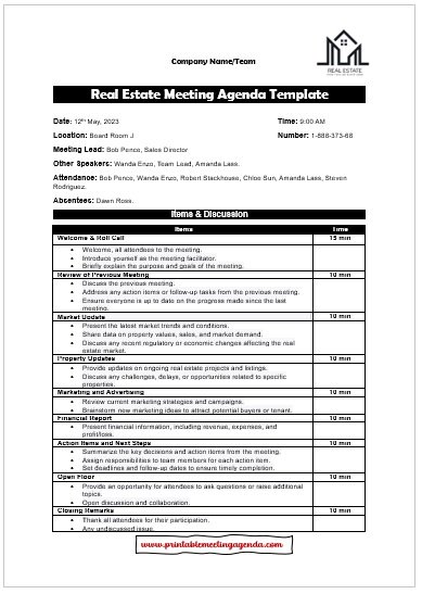 Real Estate Meeting Agenda Word