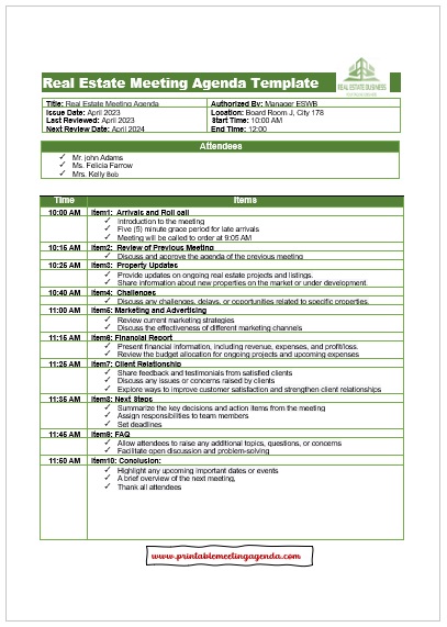 Real Estate Team Meeting Agenda Format