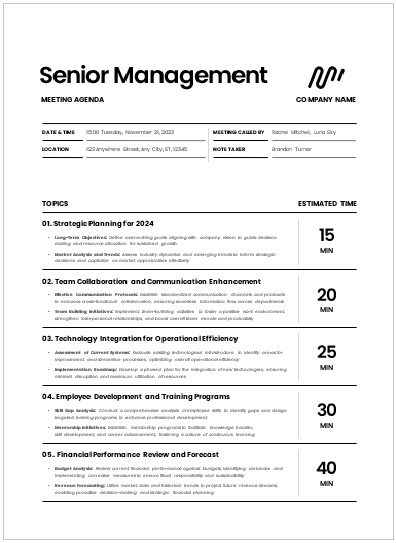  Senior Management Meeting Agenda Example