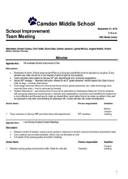  School Improvement Informal Team Meeting Agenda 