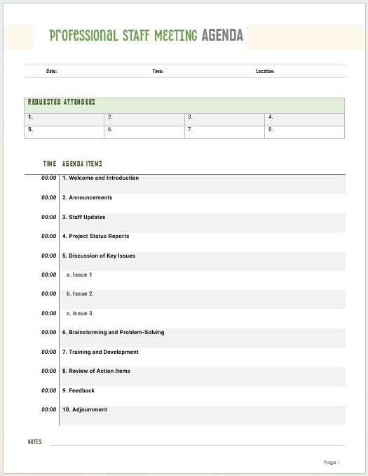  Staff Meeting Agenda with Action Items 