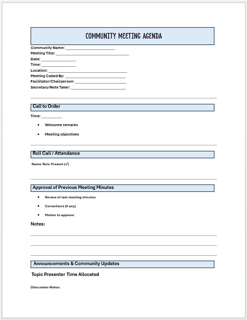 Community Meeting Agenda - Guidelines, Templates & Samples