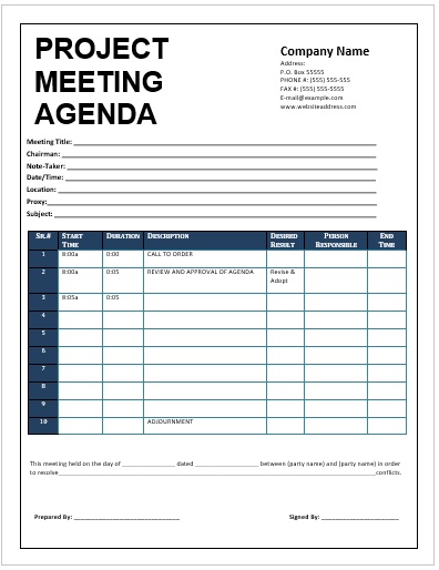  Project Team Meeting Agenda 