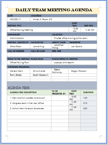 Daily Routine Office Meeting Agenda - Guide, Templates & Samples