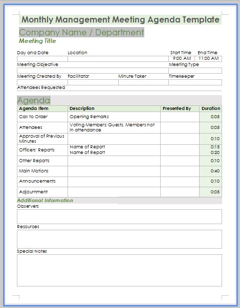 Monthly Managemnet Meeting Agenda Template 